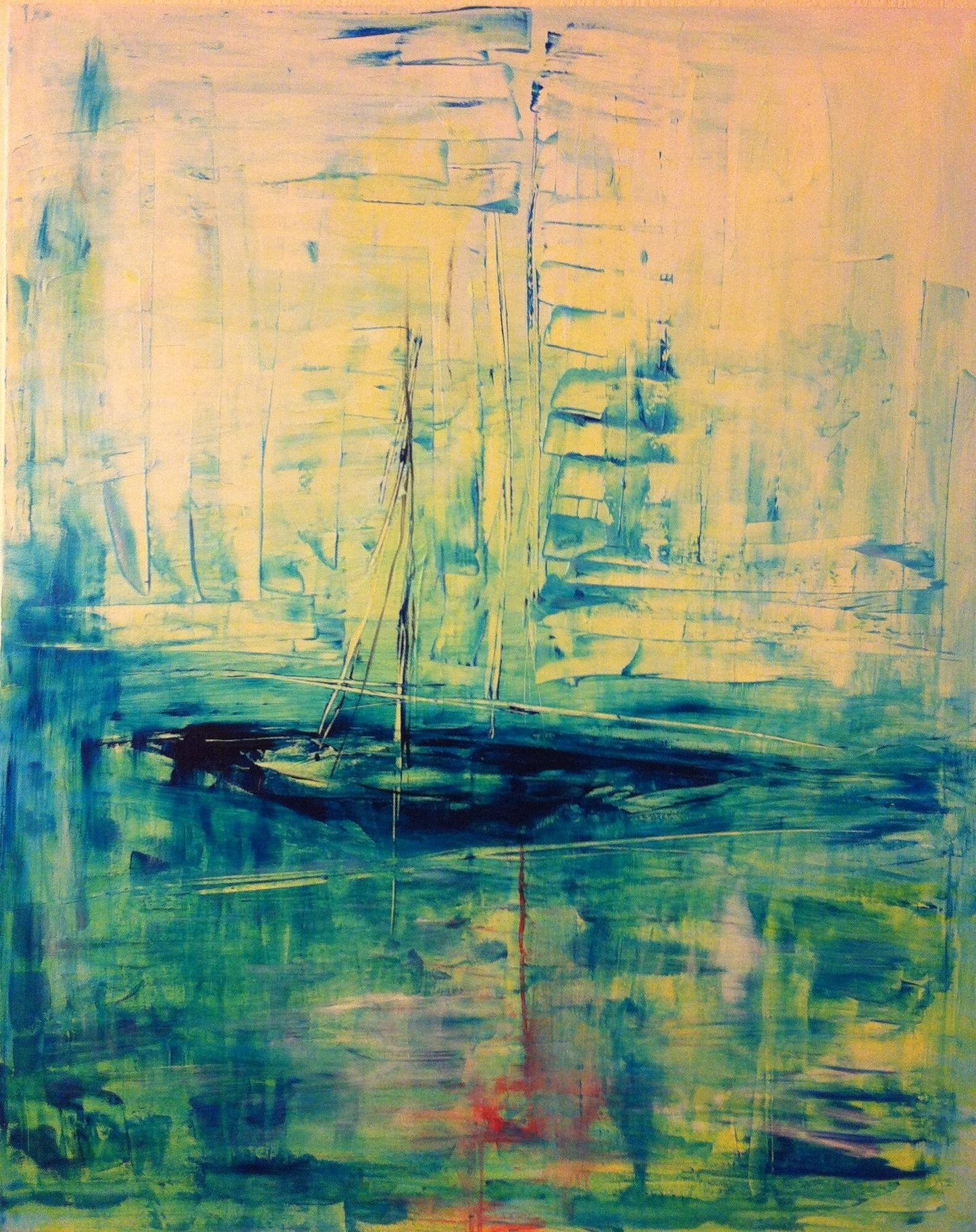 Segelboot an Anker und Himmelsleiter — Acryl auf Leinwand, 80 × 100 cm — Giulia Musella (Archiv)