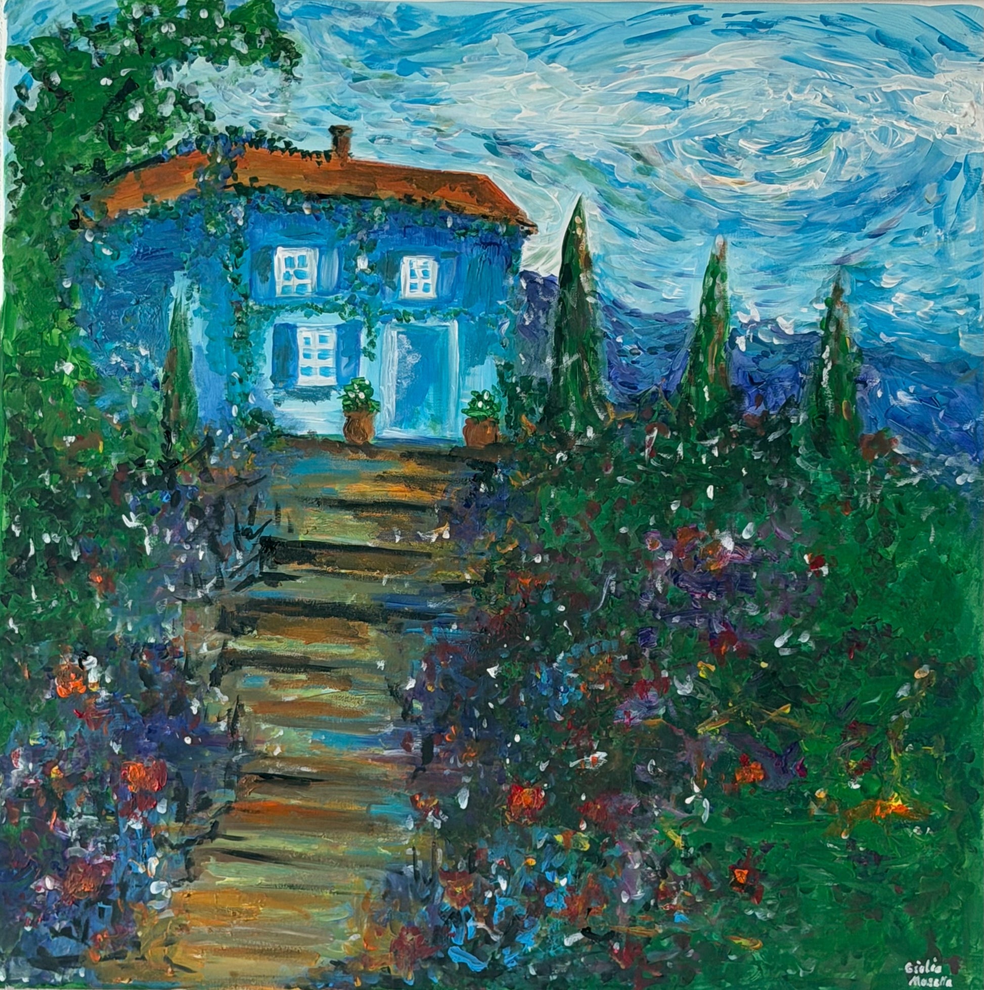 Blaues Haus  – Acryl auf Leinwand, 80 × 80 cm – Giulia Musella